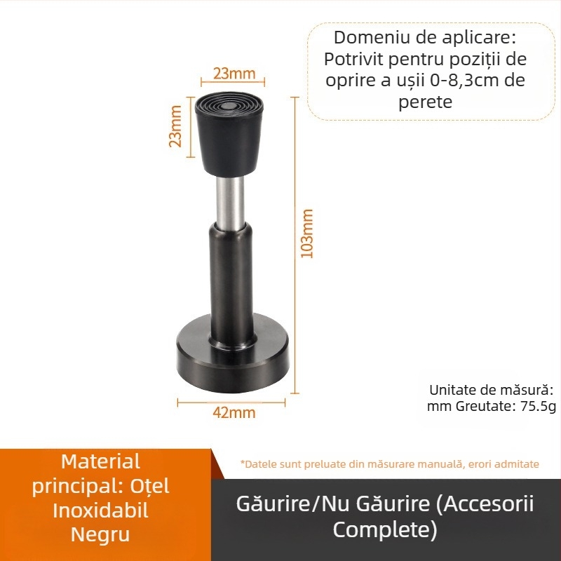 Stopper de ușă din oțel inoxidabil, montat pe perete, anti-coliziune, vârf din cauciuc îngroșat, modelul 008, finisaj lustruit