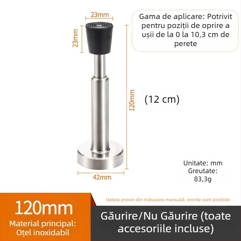Stopper de ușă din oțel inoxidabil, montat pe perete, anti-coliziune, vârf din cauciuc îngroșat, modelul 008, finisaj lustruit