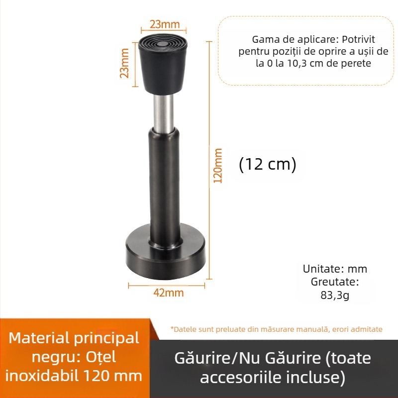 Stopper de ușă din oțel inoxidabil, montat pe perete, anti-coliziune, vârf din cauciuc îngroșat, modelul 008, finisaj lustruit