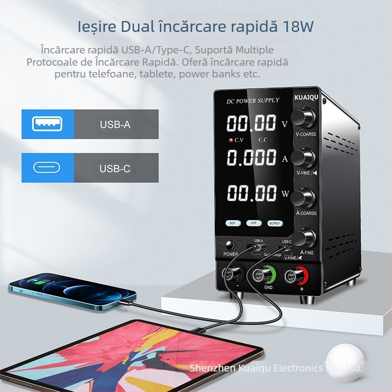 KUAIQU Sursă de alimentare DC reglabilă, 30–60V, protecții OCP și OVP, sursă de alimentare cu comutator