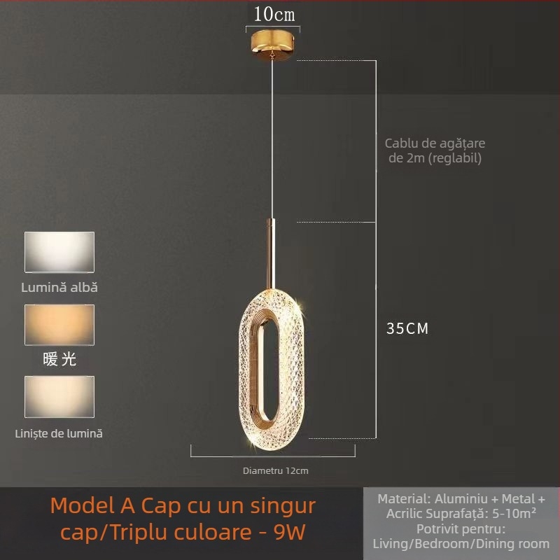 Suspensie LED pentru dormitor, corp din aluminiu, abajur din acrilic, înălțime reglabilă, cu o sursă de lumină unică, stil modern minimalist