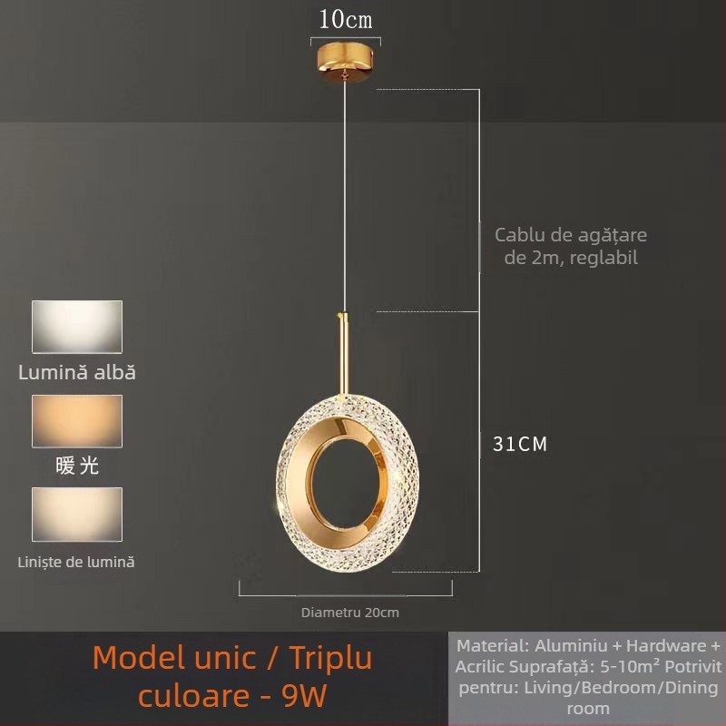 Suspensie LED pentru dormitor, corp din aluminiu, abajur din acrilic, înălțime reglabilă, cu o sursă de lumină unică, stil modern minimalist