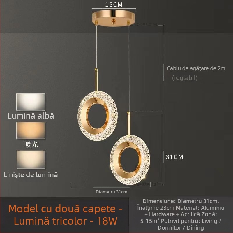 Suspensie LED pentru dormitor, corp din aluminiu, abajur din acrilic, înălțime reglabilă, cu o sursă de lumină unică, stil modern minimalist