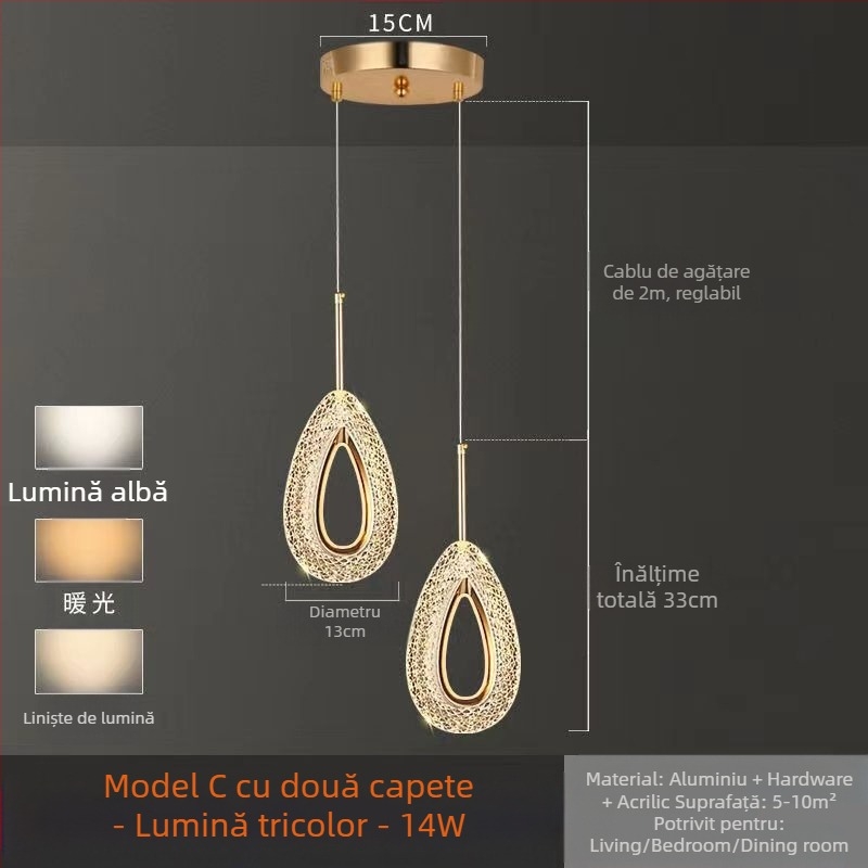 Suspensie LED pentru dormitor, corp din aluminiu, abajur din acrilic, înălțime reglabilă, cu o sursă de lumină unică, stil modern minimalist