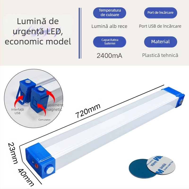 Lampă LED reîncărcabilă cu agățare magnetică, iluminare de urgență USB, intrare 5V, baterie Li-ion încorporată, reglabilă intensitate luminoasă