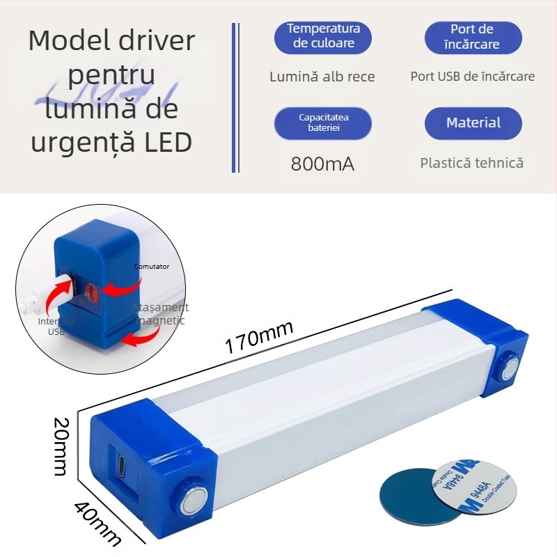 Lampă LED reîncărcabilă cu agățare magnetică, iluminare de urgență USB, intrare 5V, baterie Li-ion încorporată, reglabilă intensitate luminoasă