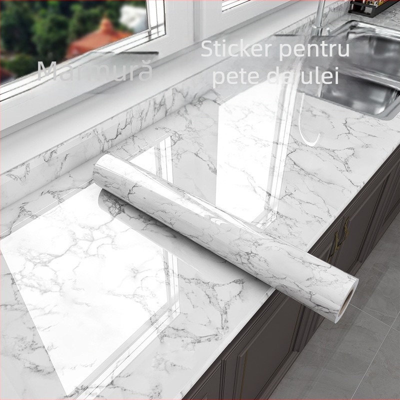 Sticker de perete bucătărie, marmură cu folie de aluminiu, PET, rezistent la apă, rezistent la ulei, anti-mucegai, 1 bucată, design modern plat