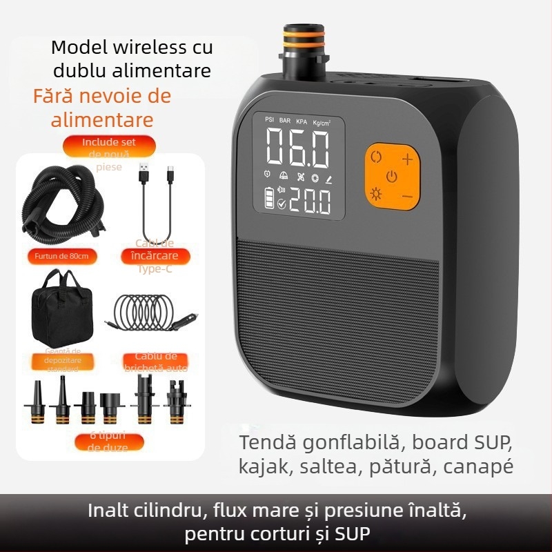 Pompa de aer portabilă electrică pentru obiecte gonflabile (SUP, kajak, saltea gonflabilă) – DC12V, 120W, 70 L/min, cilindru unic, autonomie 5–20 min