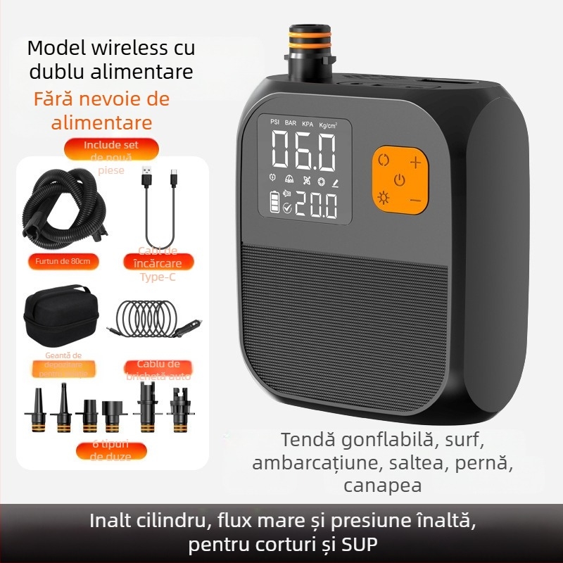 Pompa de aer portabilă electrică pentru obiecte gonflabile (SUP, kajak, saltea gonflabilă) – DC12V, 120W, 70 L/min, cilindru unic, autonomie 5–20 min