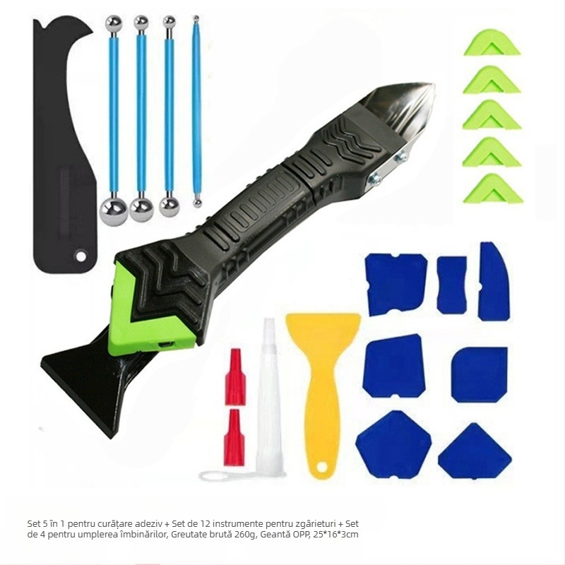 Set de unelte pentru etanșarea rosturilor: îndepărtător de sigilant, racletă pentru silicon pentru sticlă și kit de rosturi (Material: oțel inoxidabil + plastic; Brand: Glue worker tribe; Domeniu de aplicare: amenajări interioare și frumusețe)