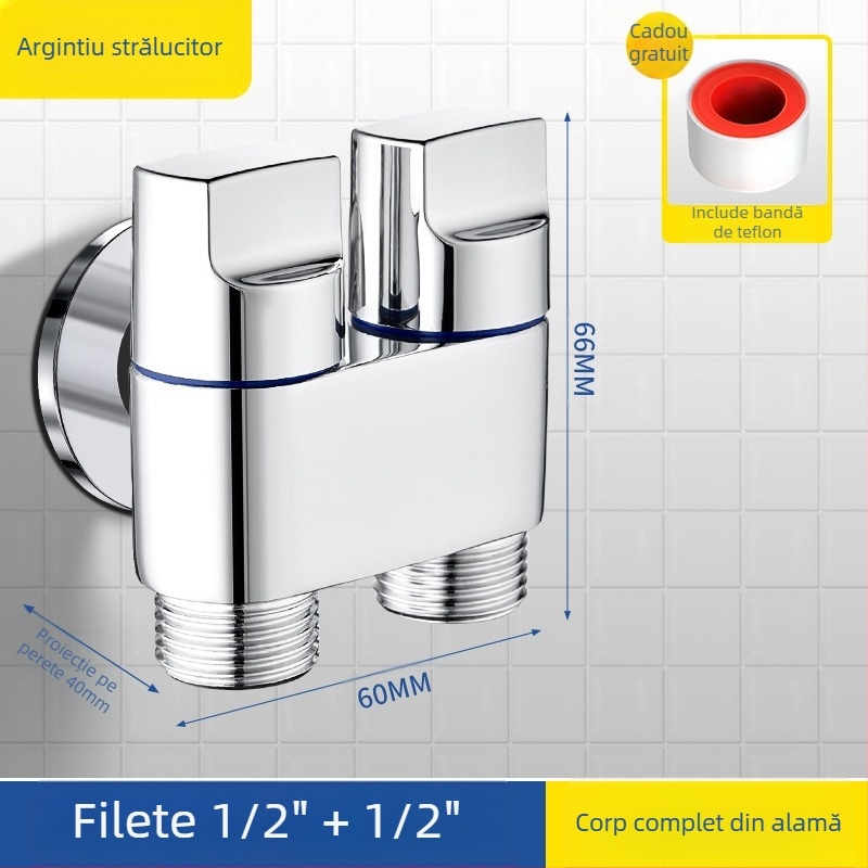 Robinet pentru toaletă din cupru, model 1 intrare / 2 ieșiri, finisaj electroplacat, montaj rotativ, temperatură de lucru 100°C