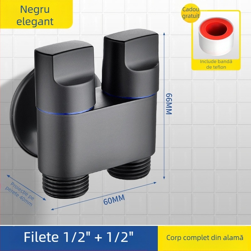 Robinet pentru toaletă din cupru, model 1 intrare / 2 ieșiri, finisaj electroplacat, montaj rotativ, temperatură de lucru 100°C