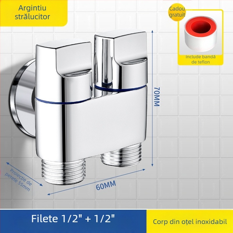 Robinet pentru toaletă din cupru, model 1 intrare / 2 ieșiri, finisaj electroplacat, montaj rotativ, temperatură de lucru 100°C