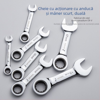 Cheie ratchet cu mâner scurt, oțel crom-vanadiu lustruit, greutate 0,3