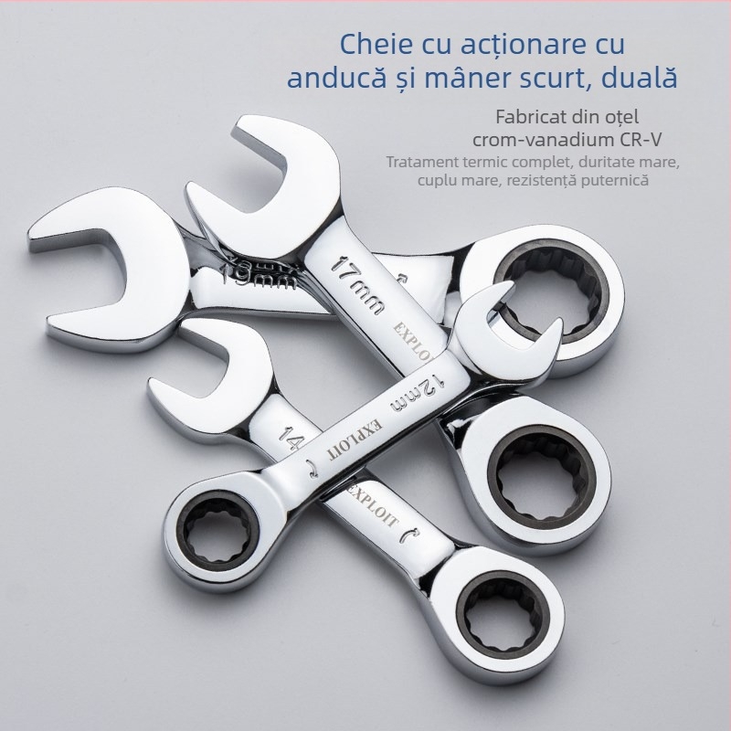 Cheie ratchet cu mâner scurt, oțel crom-vanadiu lustruit, greutate 0,3