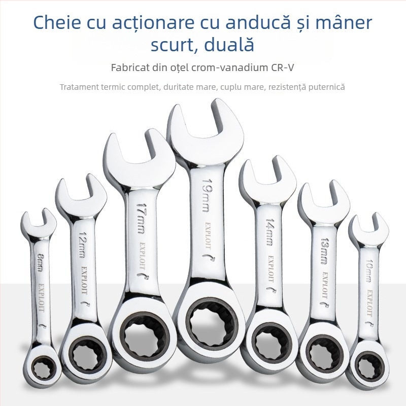 Cheie ratchet cu mâner scurt, oțel crom-vanadiu lustruit, greutate 0,3
