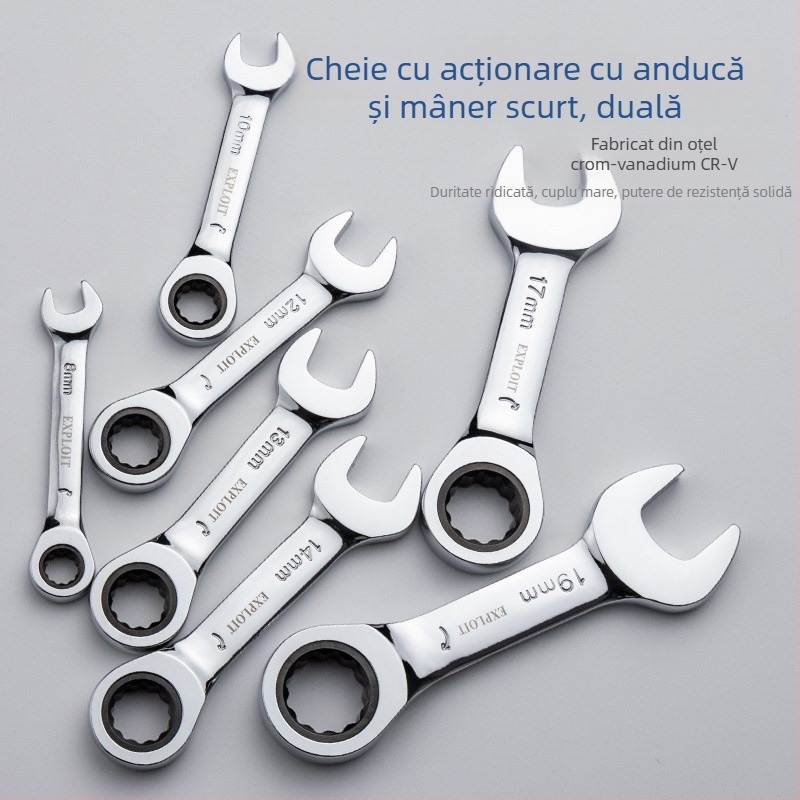 Cheie ratchet cu mâner scurt, oțel crom-vanadiu lustruit, greutate 0,3