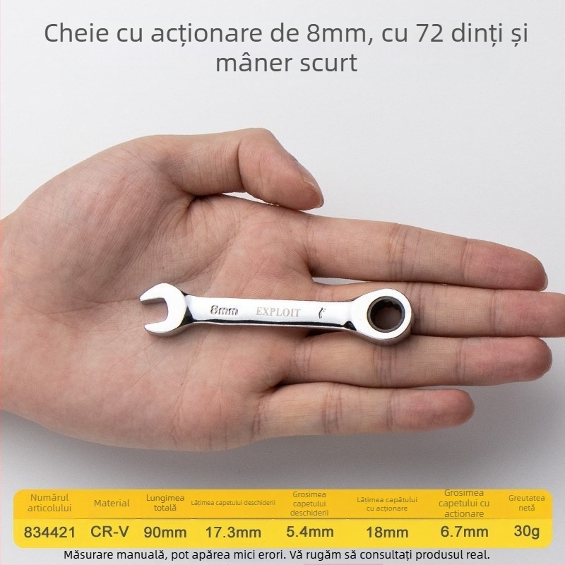 Cheie ratchet cu mâner scurt, oțel crom-vanadiu lustruit, greutate 0,3