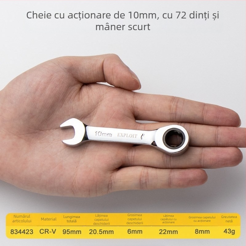 Cheie ratchet cu mâner scurt, oțel crom-vanadiu lustruit, greutate 0,3