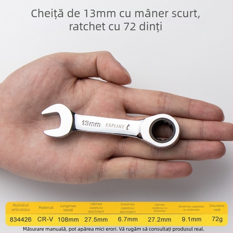 Cheie ratchet cu mâner scurt, oțel crom-vanadiu lustruit, greutate 0,3