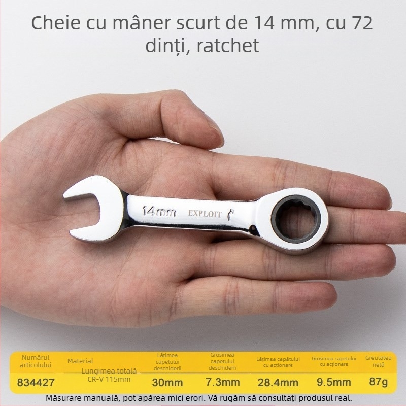 Cheie ratchet cu mâner scurt, oțel crom-vanadiu lustruit, greutate 0,3