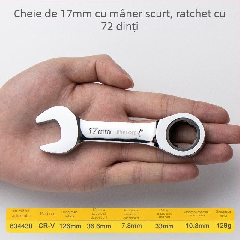 Cheie ratchet cu mâner scurt, oțel crom-vanadiu lustruit, greutate 0,3