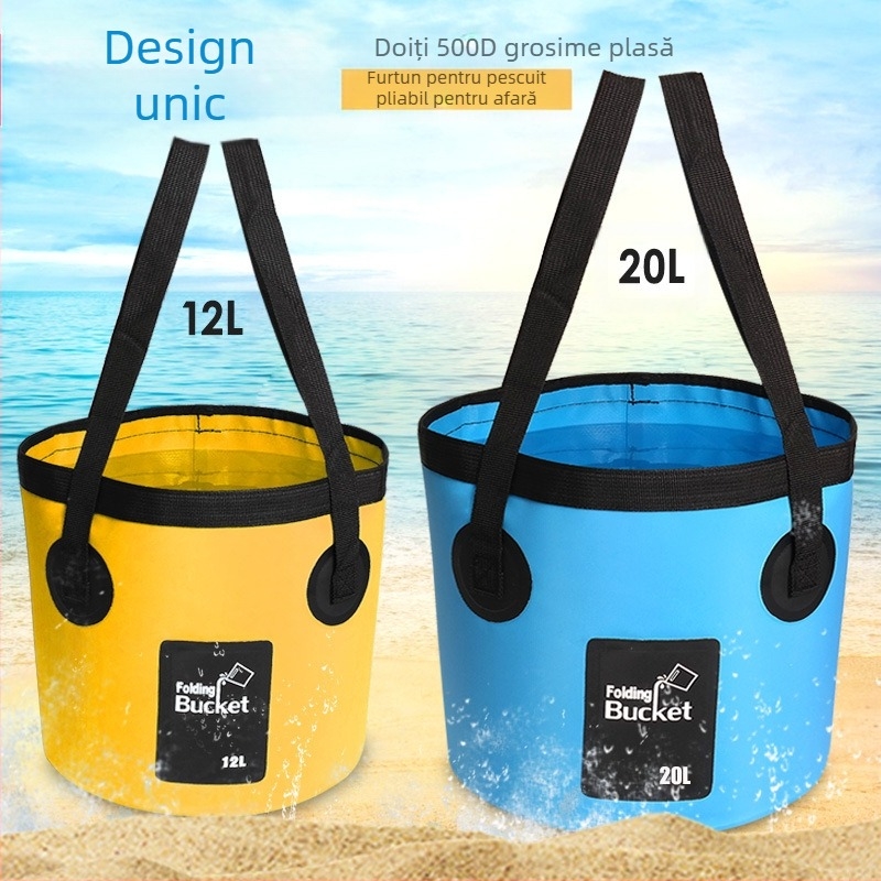 Găleată de apă pliabilă pentru exterior, ușoară din PVC pentru spălat mașina și pescuit, capacitate 12L/20L, țesătură impermeabilă, posibilitate de logo personalizat