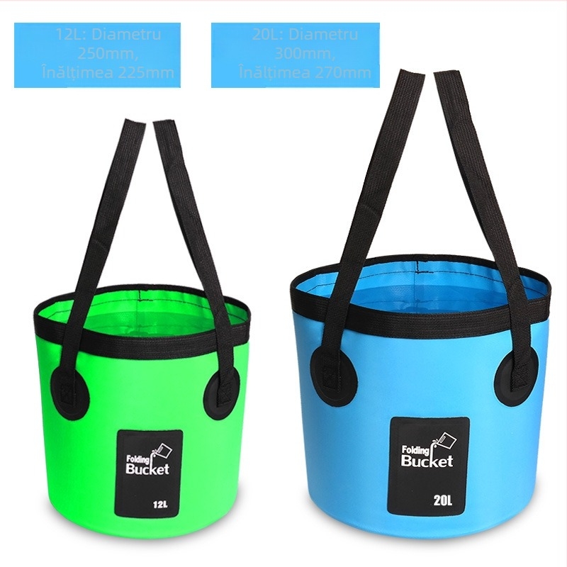Găleată de apă pliabilă pentru exterior, ușoară din PVC pentru spălat mașina și pescuit, capacitate 12L/20L, țesătură impermeabilă, posibilitate de logo personalizat