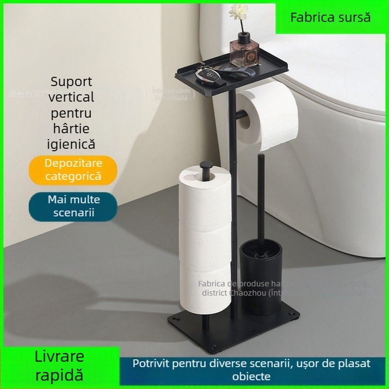 Suport vertical de podea pentru hârtie igienică, cu suport pentru telefon; oțel carbon; compatibil cu role de hârtie; organizator de baie multifuncțional