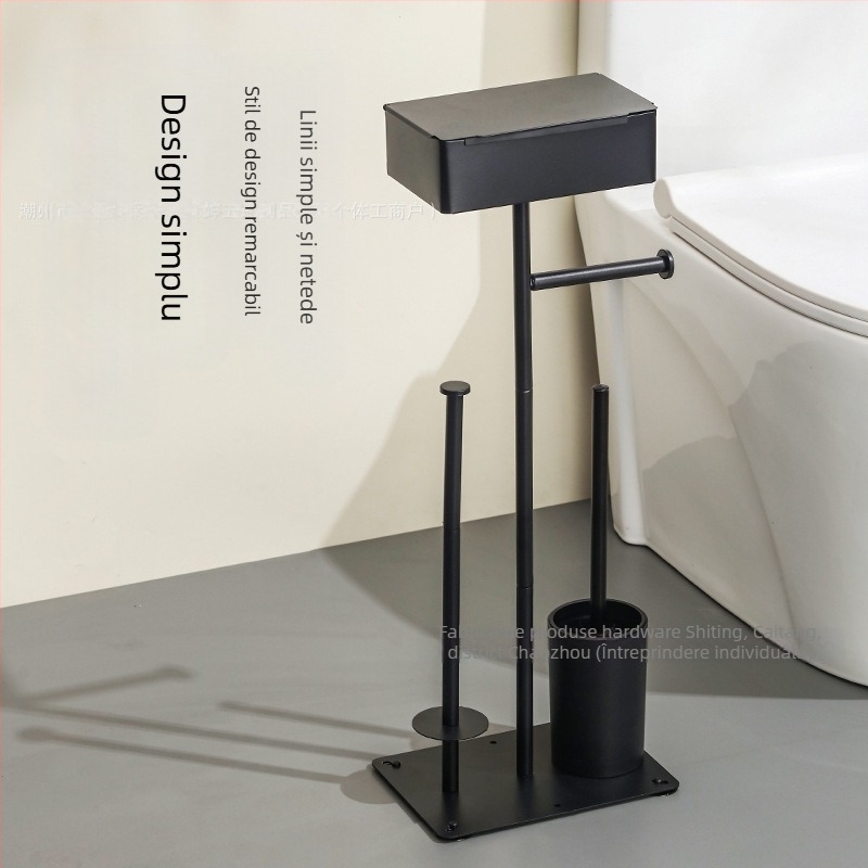 Suport vertical de podea pentru hârtie igienică, cu suport pentru telefon; oțel carbon; compatibil cu role de hârtie; organizator de baie multifuncțional