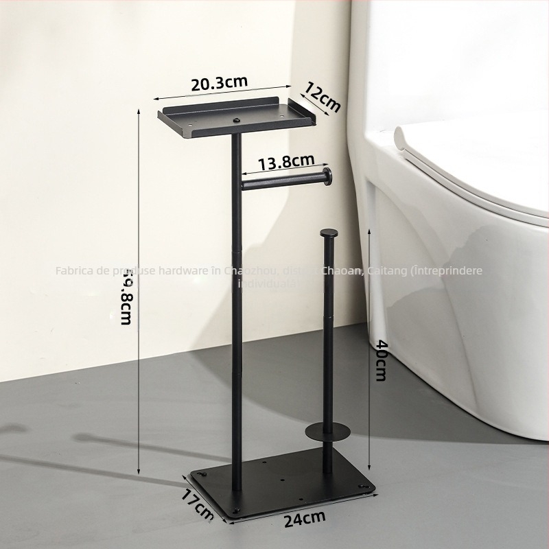 Suport vertical de podea pentru hârtie igienică, cu suport pentru telefon; oțel carbon; compatibil cu role de hârtie; organizator de baie multifuncțional