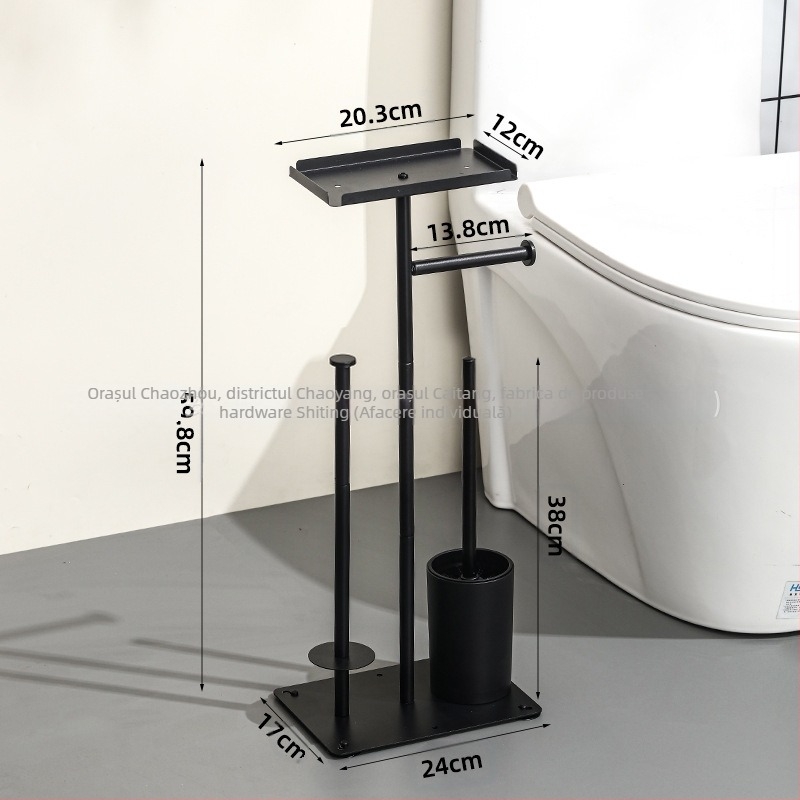 Suport vertical de podea pentru hârtie igienică, cu suport pentru telefon; oțel carbon; compatibil cu role de hârtie; organizator de baie multifuncțional