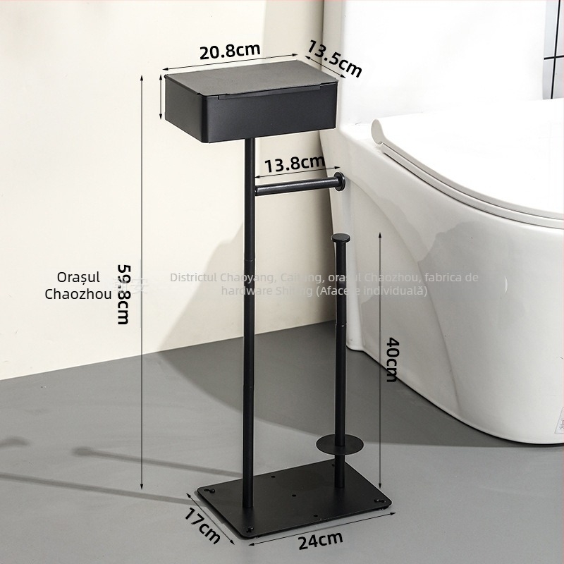 Suport vertical de podea pentru hârtie igienică, cu suport pentru telefon; oțel carbon; compatibil cu role de hârtie; organizator de baie multifuncțional