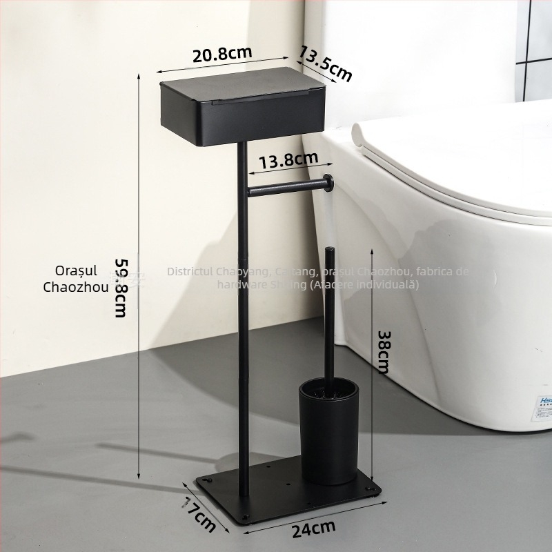Suport vertical de podea pentru hârtie igienică, cu suport pentru telefon; oțel carbon; compatibil cu role de hârtie; organizator de baie multifuncțional