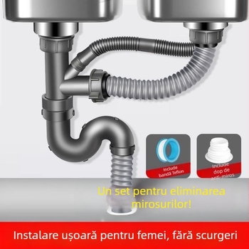 Win the bully Set de drenaj pentru chiuveta de bucătărie cu două cuve – Modelul 10126, oțel inoxidabil 304 + plastic ABS, Stil modern minimalist