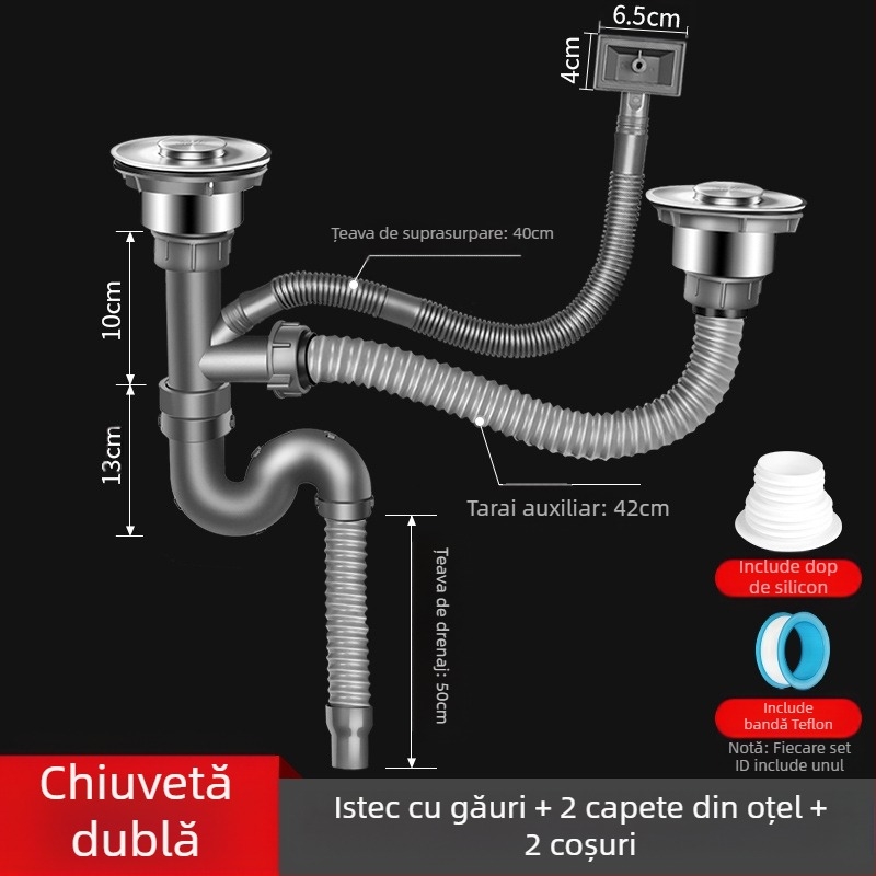 Win the bully Set de drenaj pentru chiuveta de bucătărie cu două cuve – Modelul 10126, oțel inoxidabil 304 + plastic ABS, Stil modern minimalist