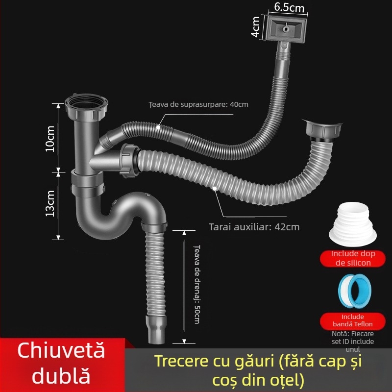 Win the bully Set de drenaj pentru chiuveta de bucătărie cu două cuve – Modelul 10126, oțel inoxidabil 304 + plastic ABS, Stil modern minimalist
