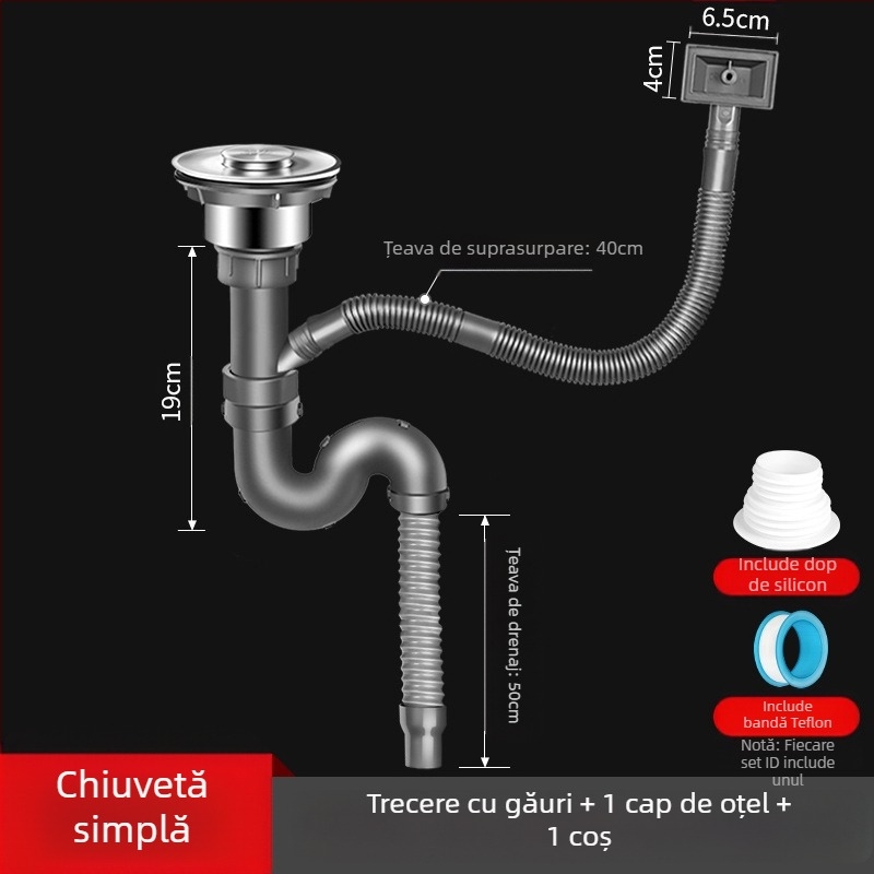 Win the bully Set de drenaj pentru chiuveta de bucătărie cu două cuve – Modelul 10126, oțel inoxidabil 304 + plastic ABS, Stil modern minimalist