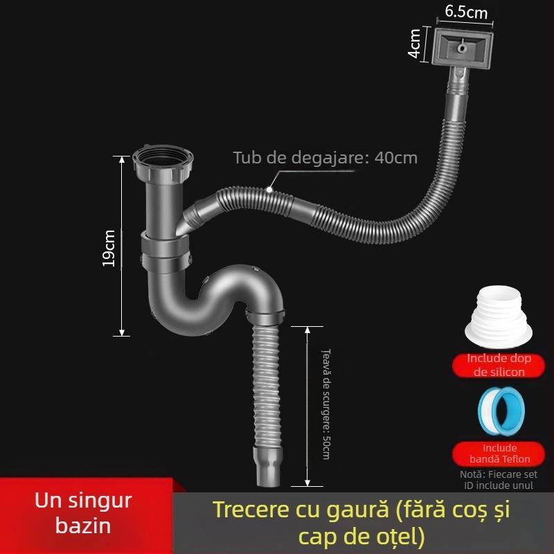 Win the bully Set de drenaj pentru chiuveta de bucătărie cu două cuve – Modelul 10126, oțel inoxidabil 304 + plastic ABS, Stil modern minimalist
