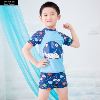 Costum de baie split pentru băieți, desen animat (Țesătură: nailon; 82% poliester; căptușeală poliester cu 8% spandex; vârsta 3–10 ani)