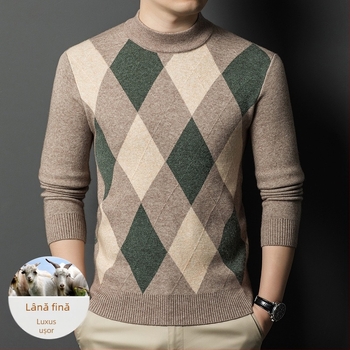 Pulover bărbătesc cu guler semiînalt, croială slim, 30–35% lână, amestec lână-nylon, lavabil la mașină