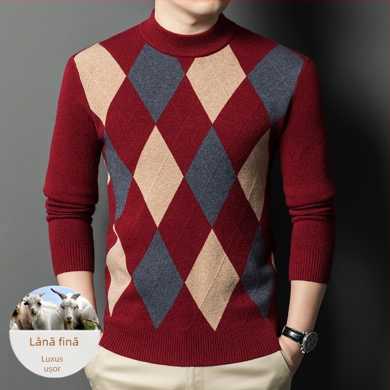 Pulover bărbătesc cu guler semiînalt, croială slim, 30–35% lână, amestec lână-nylon, lavabil la mașină