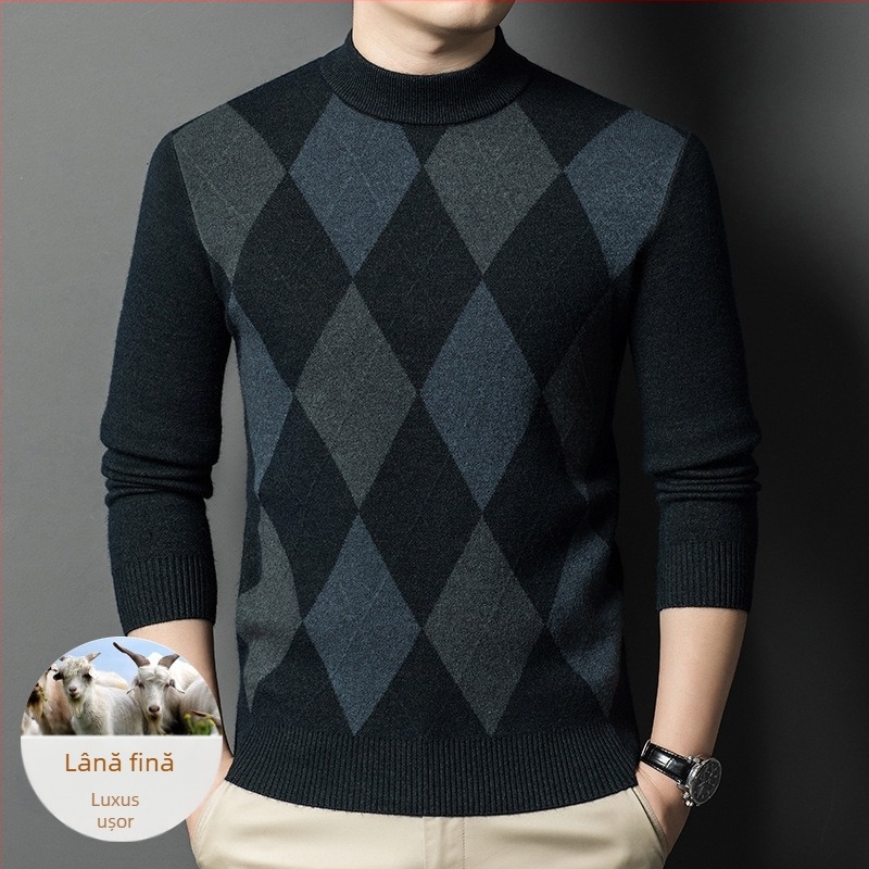 Pulover bărbătesc cu guler semiînalt, croială slim, 30–35% lână, amestec lână-nylon, lavabil la mașină