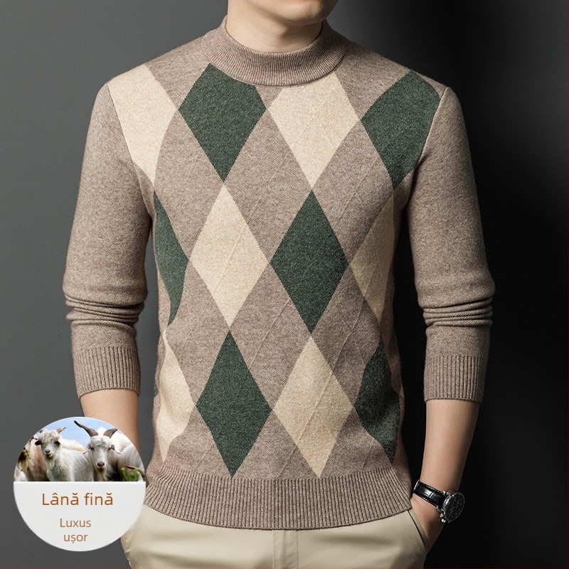 Pulover bărbătesc cu guler semiînalt, croială slim, 30–35% lână, amestec lână-nylon, lavabil la mașină