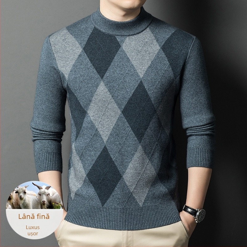 Pulover bărbătesc cu guler semiînalt, croială slim, 30–35% lână, amestec lână-nylon, lavabil la mașină