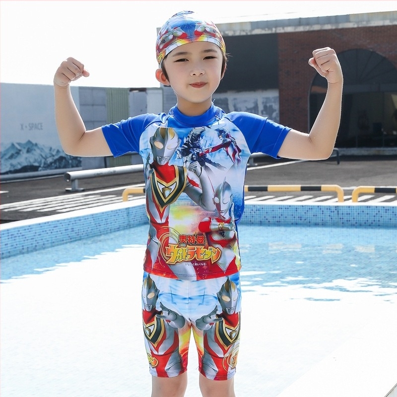 Costum de baie pentru copii, două piese, imprimeu desen animat, uscare rapidă și protecție solară, 3–13 ani, poliester 85% cu căptușeală 15%
