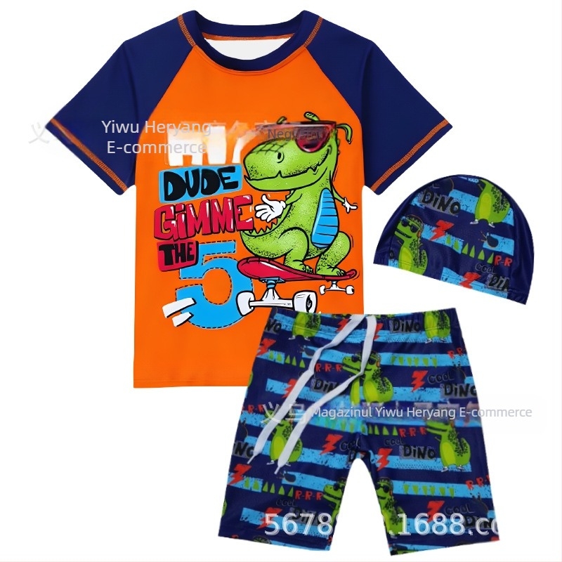 Costum de baie pentru copii, două piese, imprimeu desen animat, uscare rapidă și protecție solară, 3–13 ani, poliester 85% cu căptușeală 15%