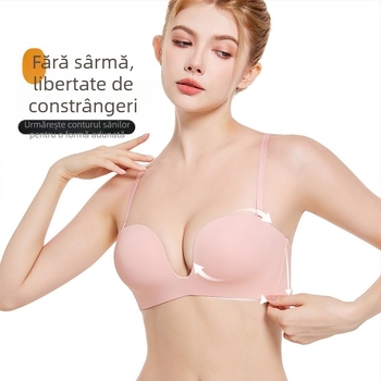 Half-Cup Traceless Deep-U Wireless Bra, Breathable, Front-Gather Support, Thin Mold Cup, Detachable Double Straps, Four-Row Back Closure
