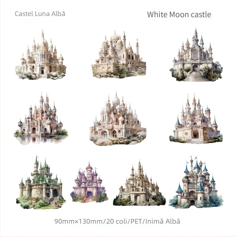 Set de autocolante PET autoadezive pentru planner – seria Castel, temă castel, autocolante DIY decorative, 20 bucăți, 6 variante, tipărite