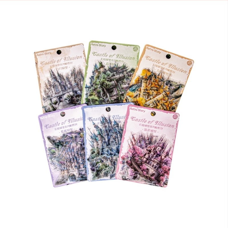 Set de autocolante PET autoadezive pentru planner – seria Castel, temă castel, autocolante DIY decorative, 20 bucăți, 6 variante, tipărite